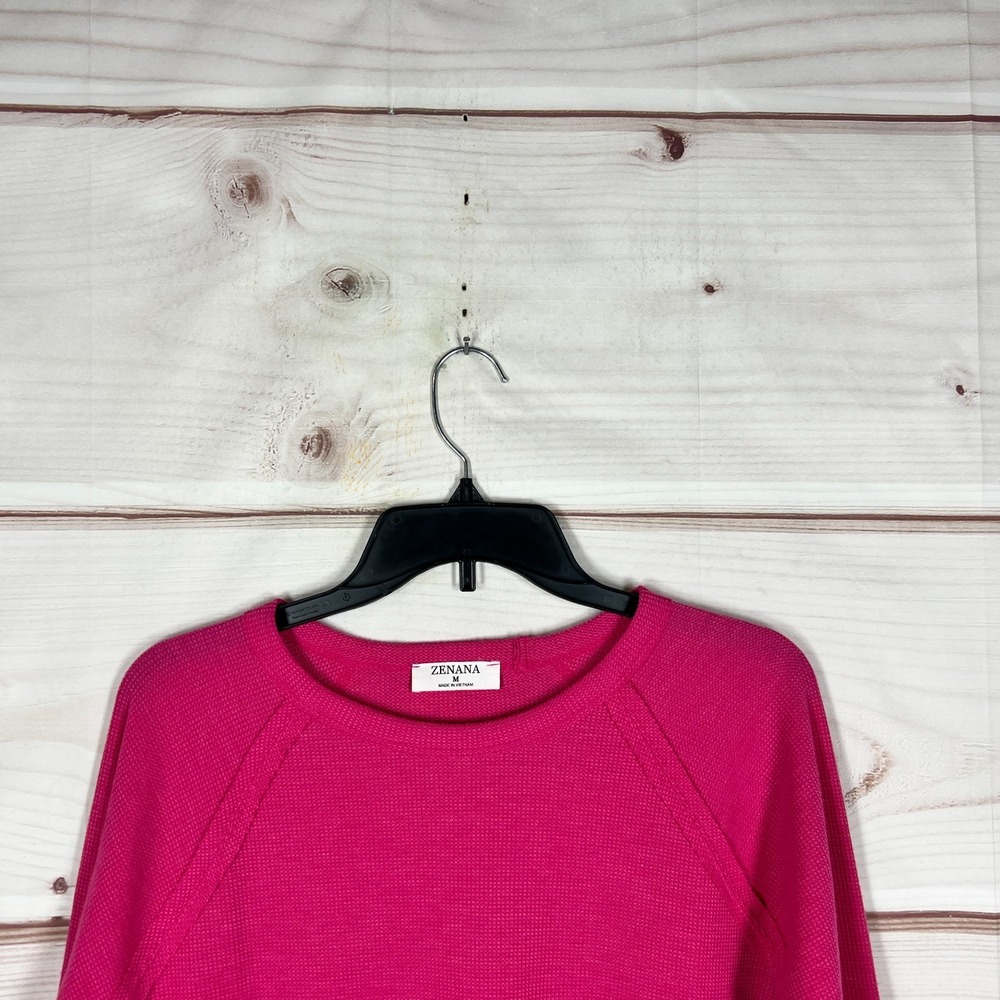 Zenana Top Womens Medium Pink Waffle Knit T-Shirt Long Sleeve Round Neck Solid - Picture 6 of 9
